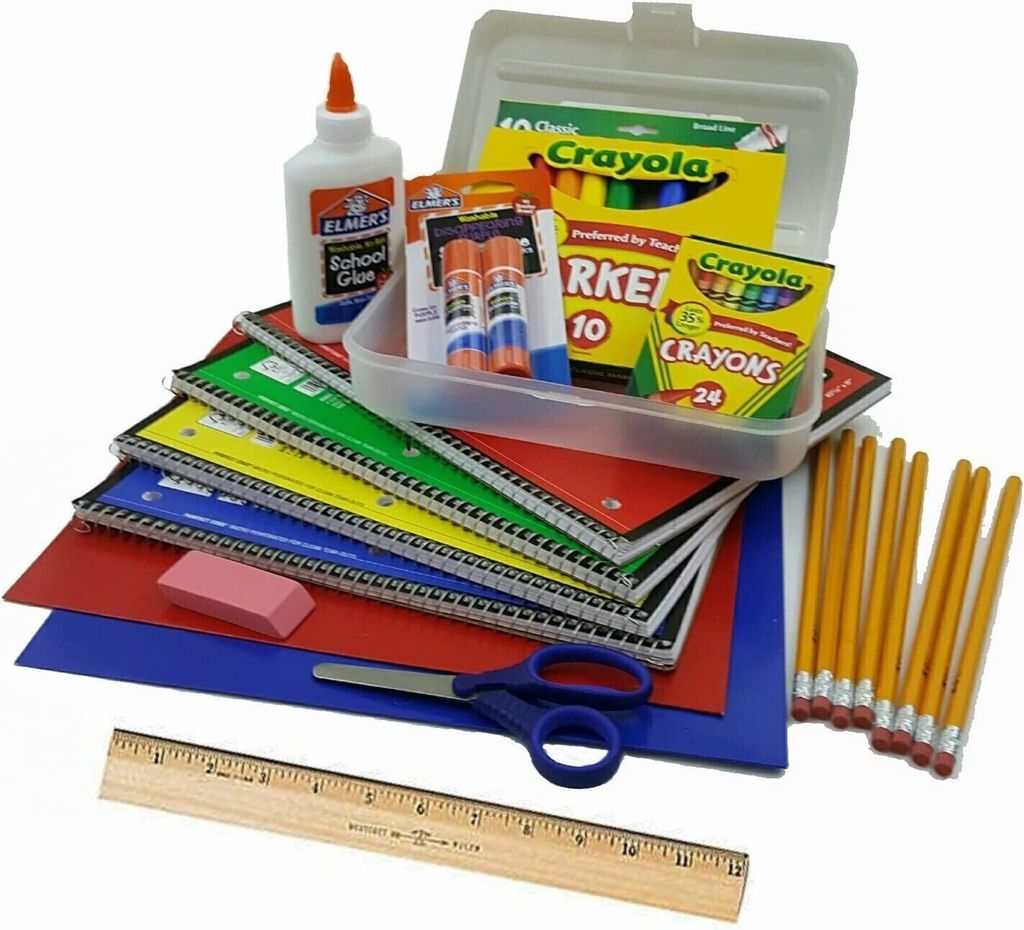 image of varies school supplies, such as glue, scissors, pencils, etc. 