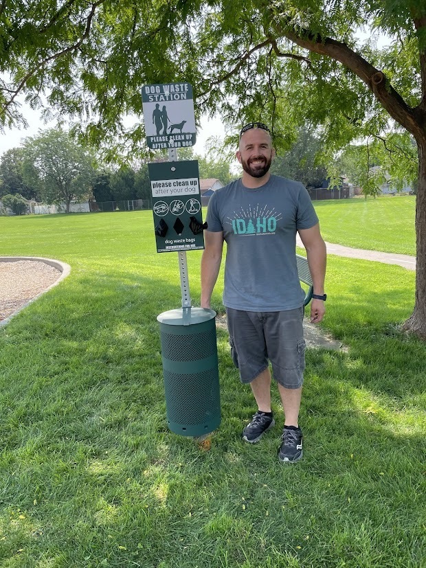 New dog bag waste station with Mr. George who installed them. 