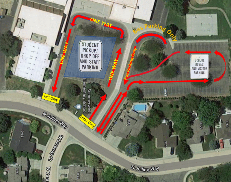 map showing direction of traffic and area for pickup and drop off and visitor parking