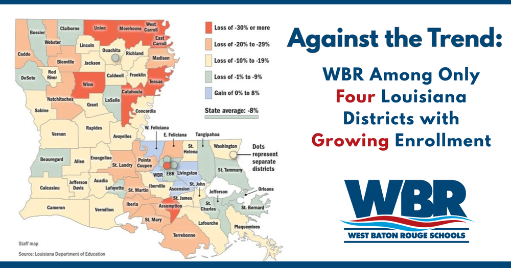 Map of Louisiana showing enrollment numbers in public school