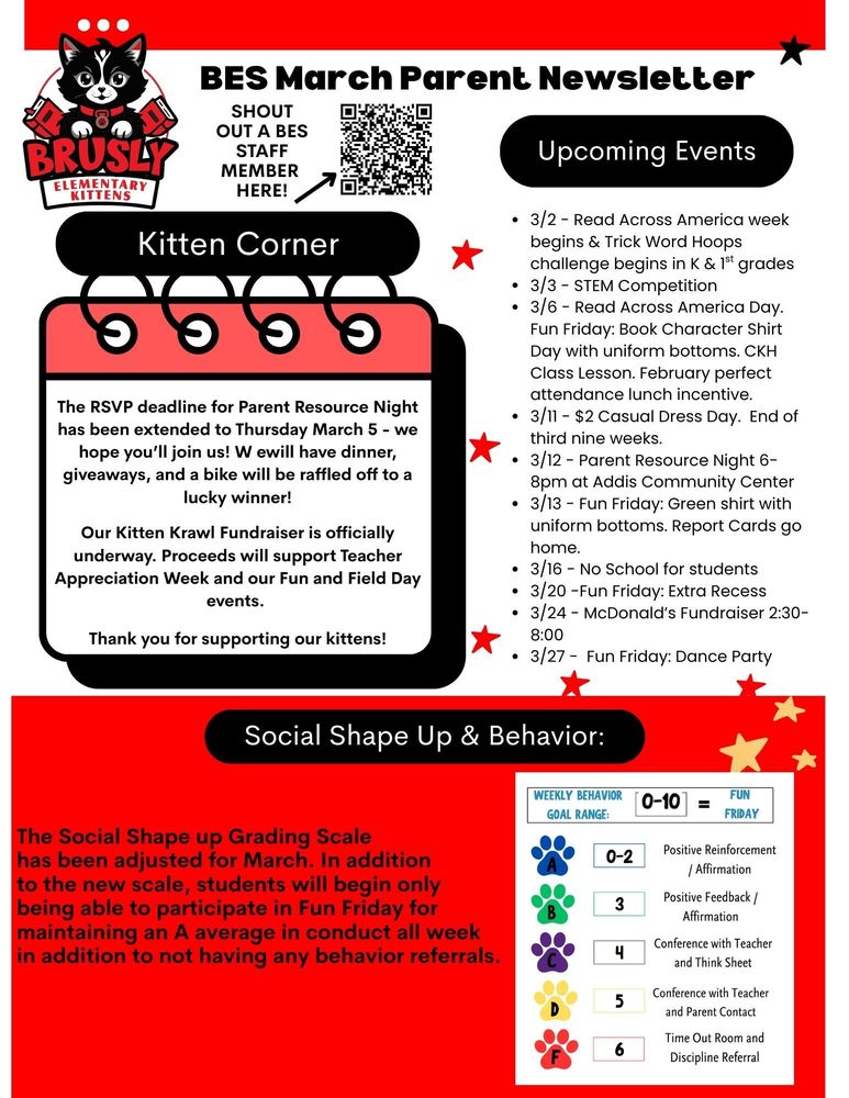 Brusly Elementary School: March Parent Newsletter