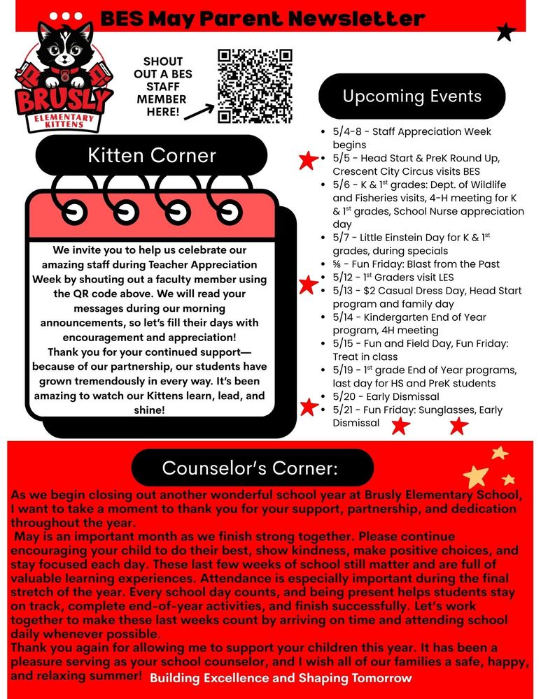 Brusly Elementary School: May Parent Newsletter