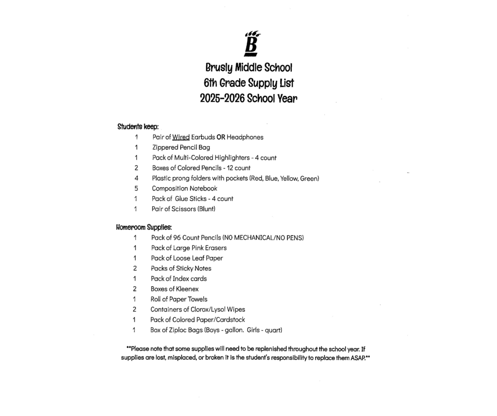 6TH GRADE SUPPLY LIST