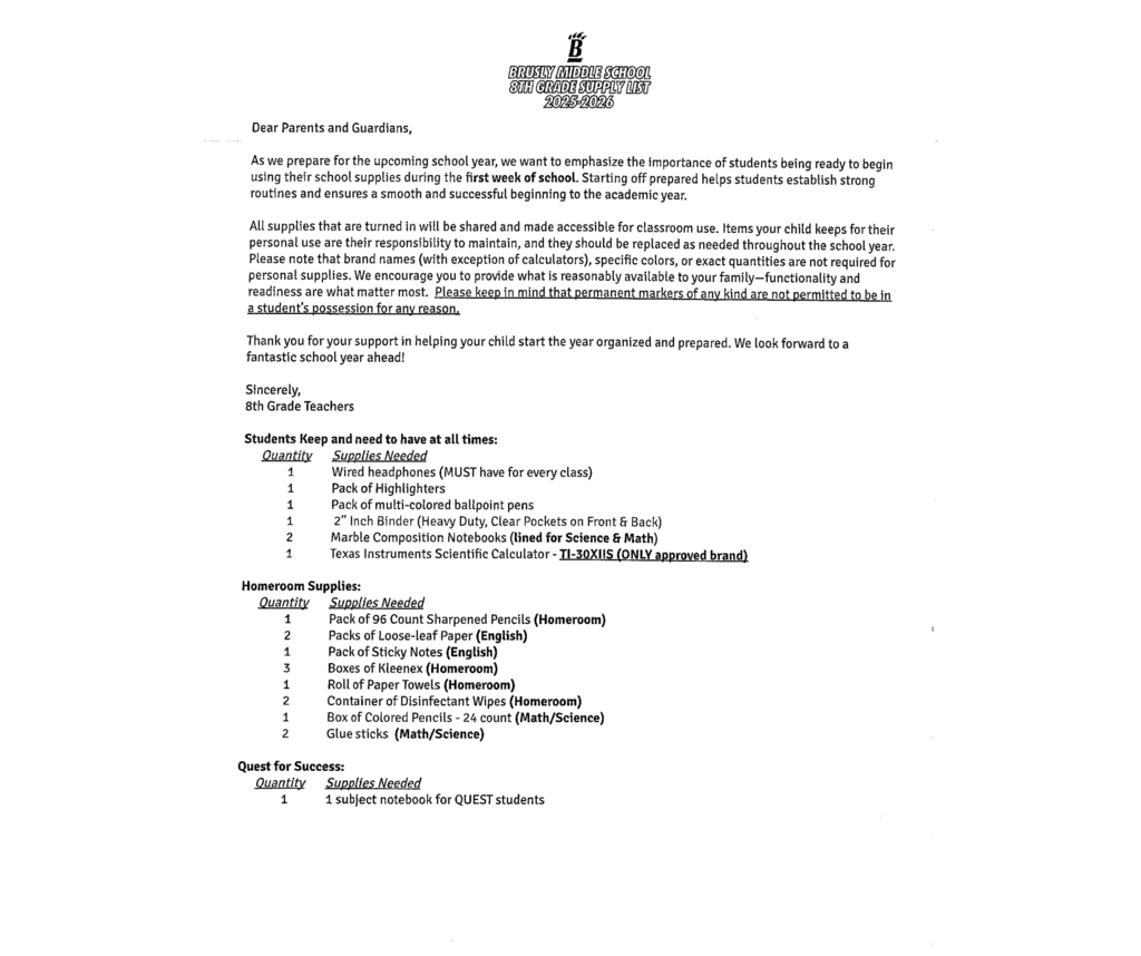 8TH GRADE SUPPLY LIST