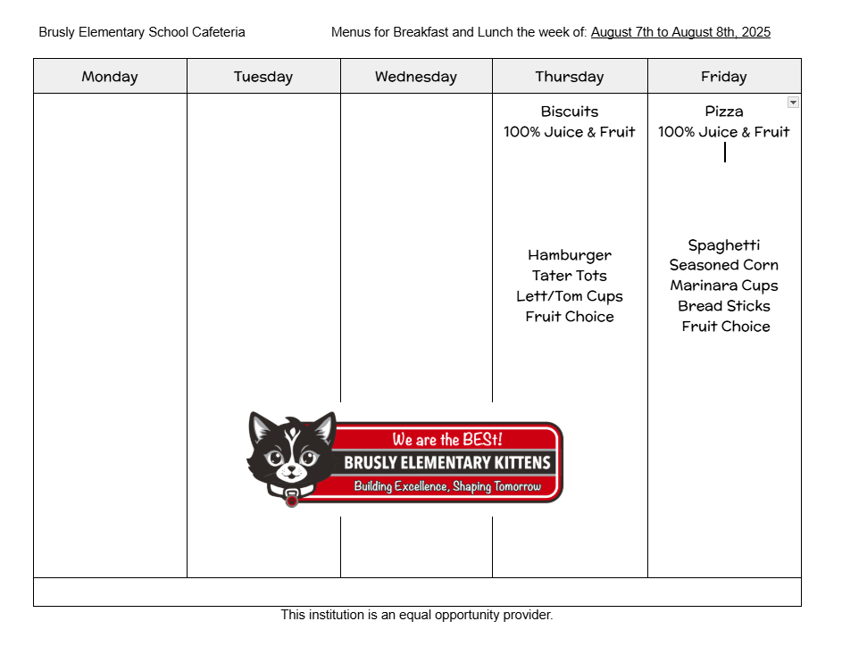 BES Food Menu Week of August 7th