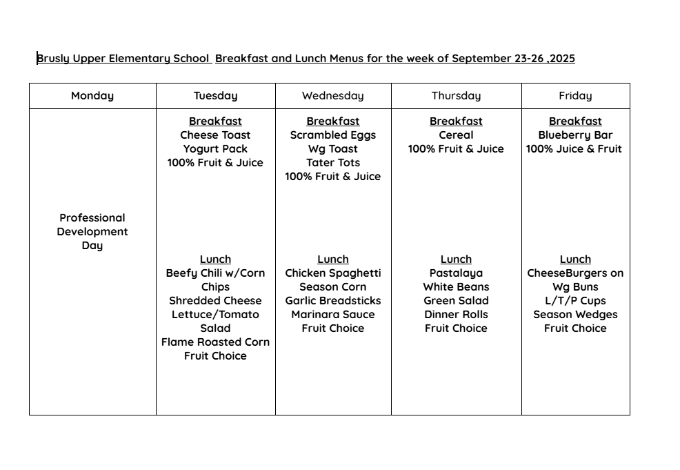 BUES Cafe menu 9/23-26