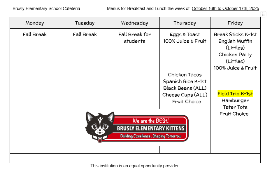 BES Food Menu Week of October 16th