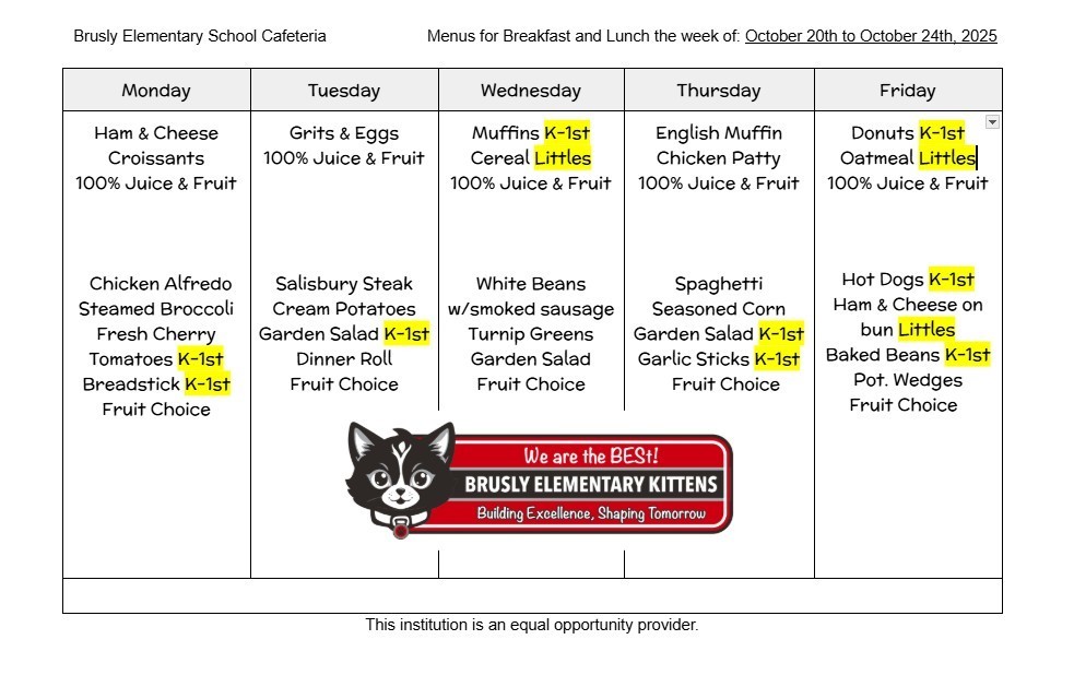 BES Food Menu Week of October 20th