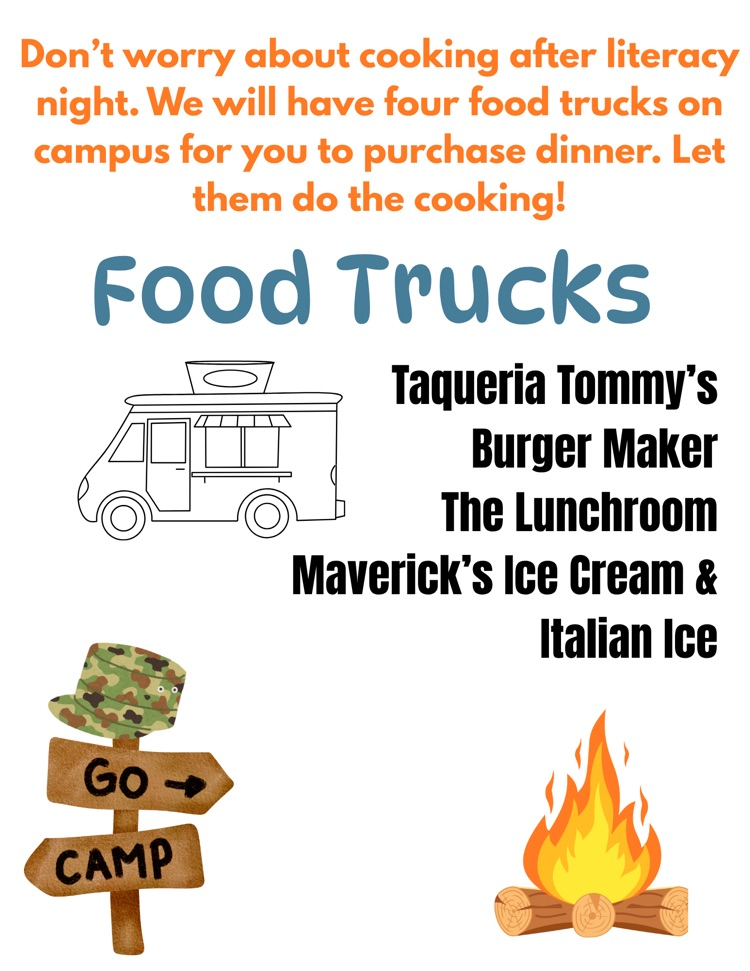 Purchase dinner for your family after Literacy Night at one of the four food trucks that will be on campus !
