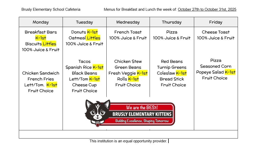 BES Food Menu Week of October 27th