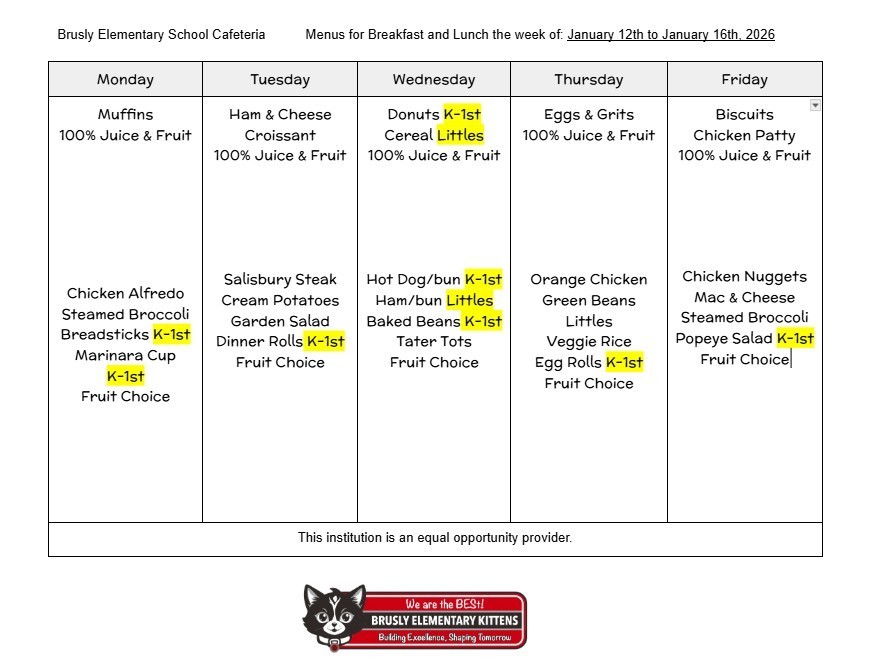 BES Food Menu Week of January 12th