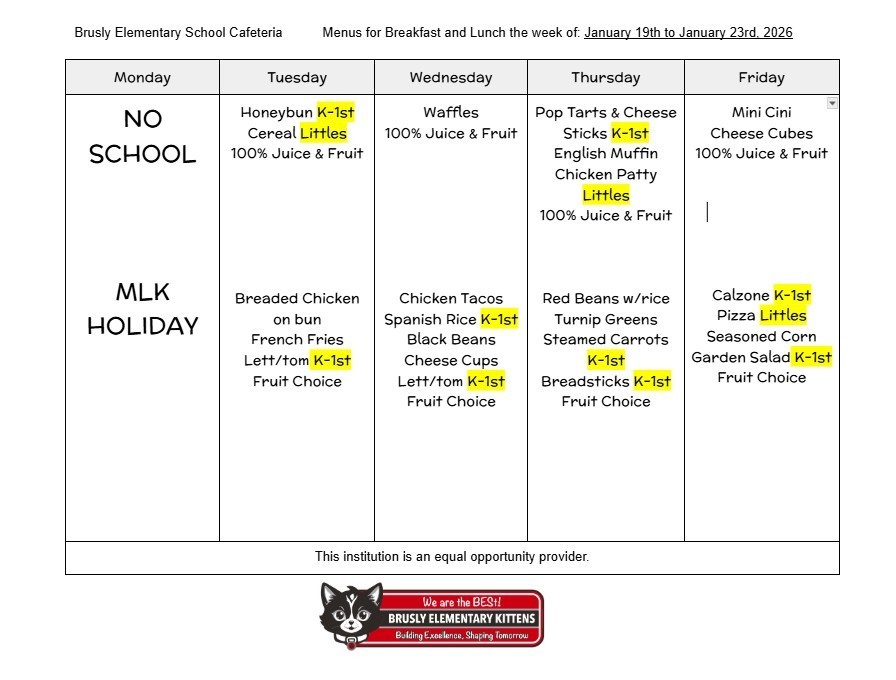 Food Menu Week of January 19th