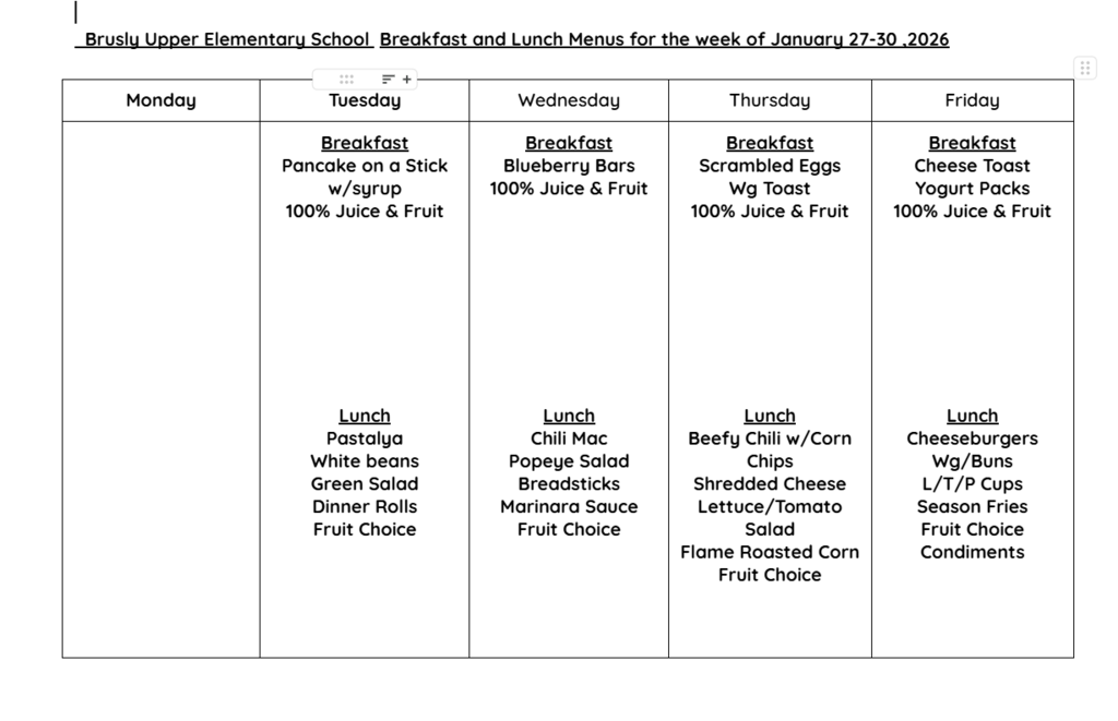 BUES cafe menu 1/27-1/30