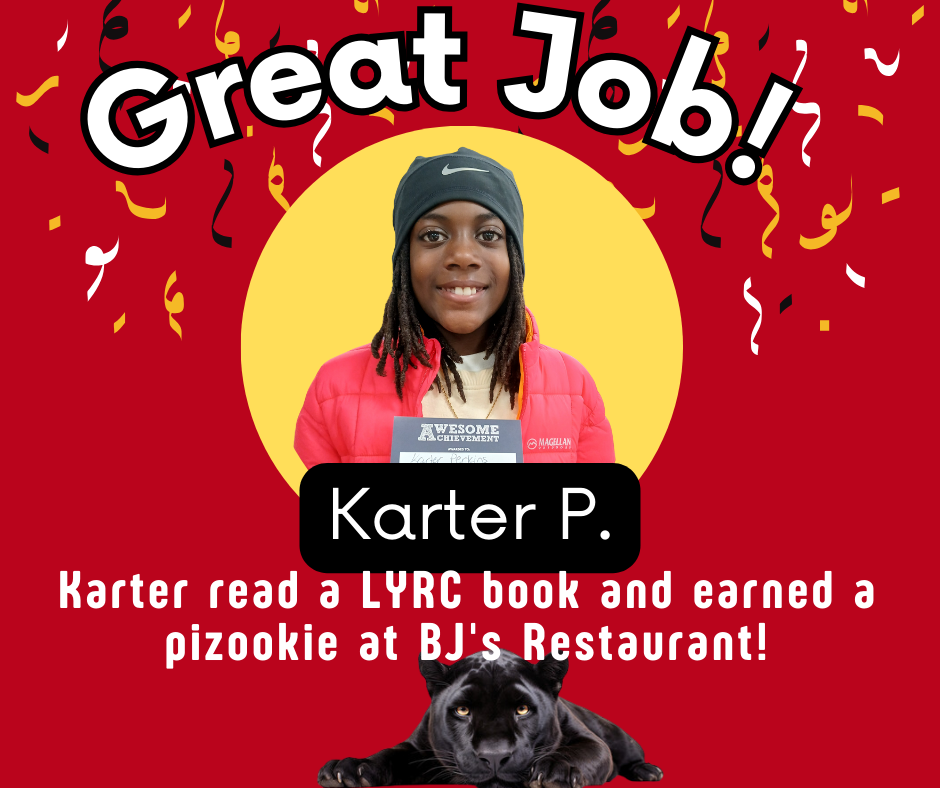 Karter read a LYRC  book and earned a pizookie at BJ's Restaurant!