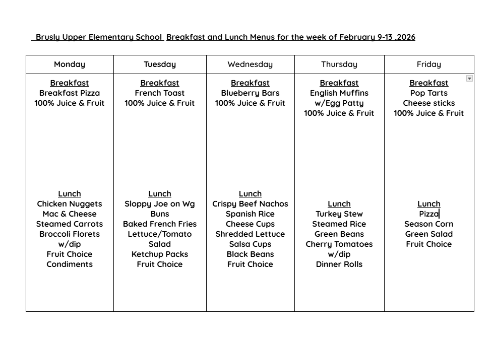 BUES cafe menu 2/9-2/13