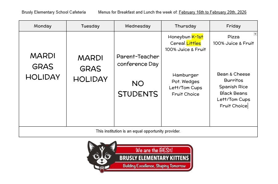 BES Food Menu week of February 16th