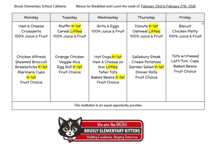 BES Food Menu Week of February 23rd