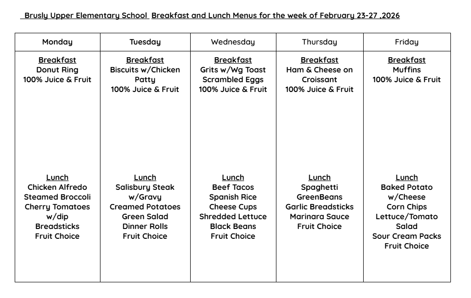 BUES Cafe menu February 23-27