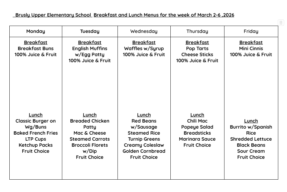 Updated BUES cafe menu for Friday 3/6