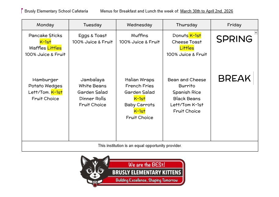 Food Menu week of March 30