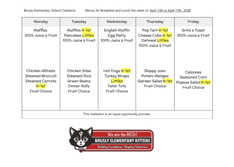 🍎🥪 Brusly Elementary Lunch Menu 🥦🥔 Here’s what’s cooking in the cafeteria this week!