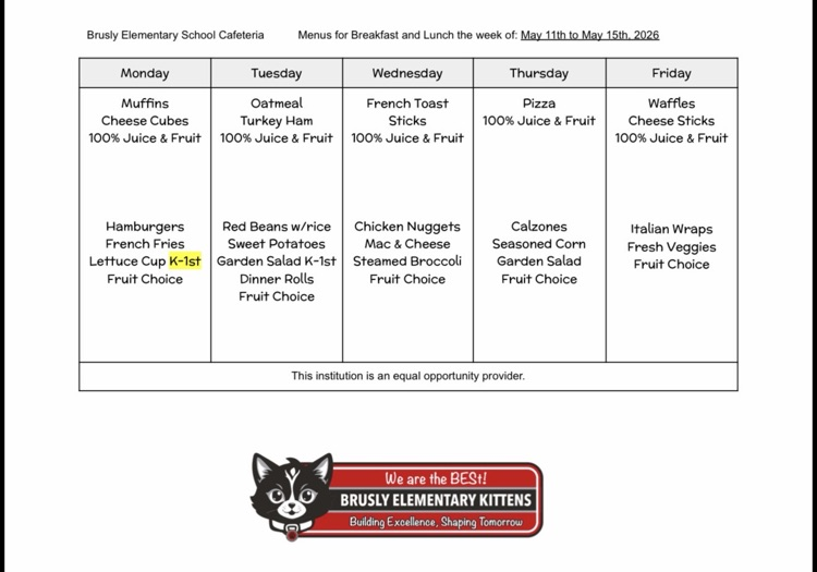 🍎🥪 Brusly Elementary Lunch Menu 🥦🥔 Here’s what’s cooking in the cafeteria this week!
