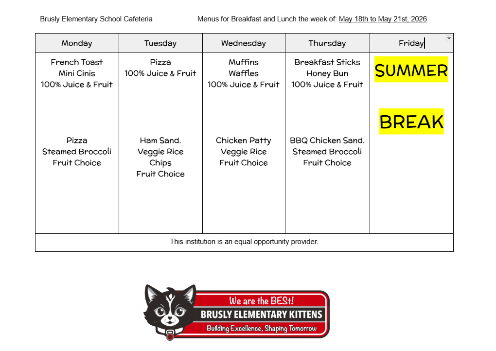 🍎🥪 Brusly Elementary Lunch Menu 🥦🥔 Here’s what’s cooking in the cafeteria this week!