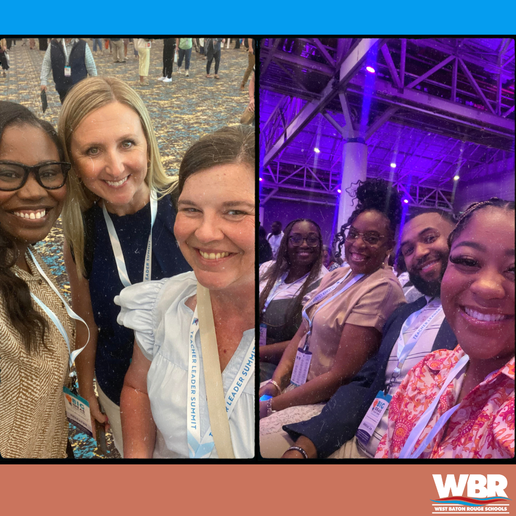 Two collages of people smiling at an event; one is indoors with purple lighting, the other is outdoors.