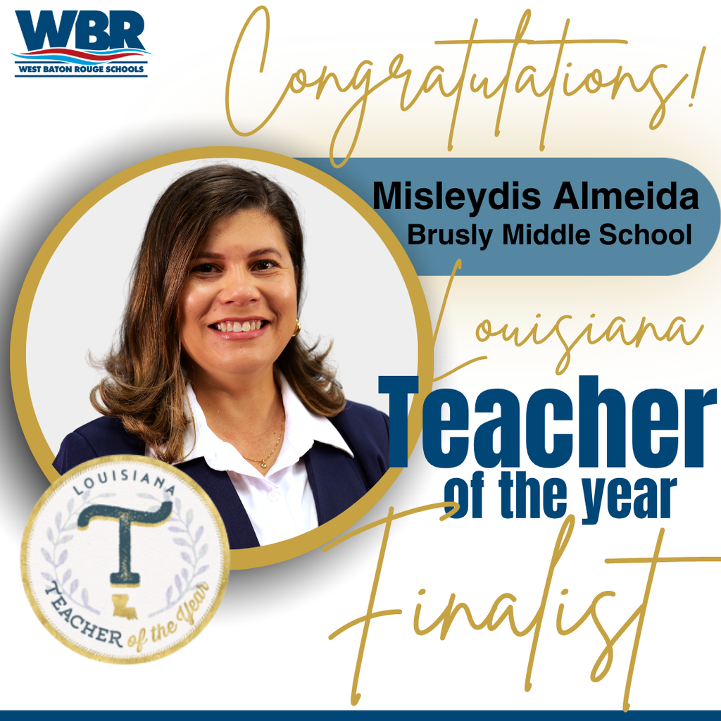 A smiling woman is featured in an announcement for Louisiana Teacher of the Year finalist.