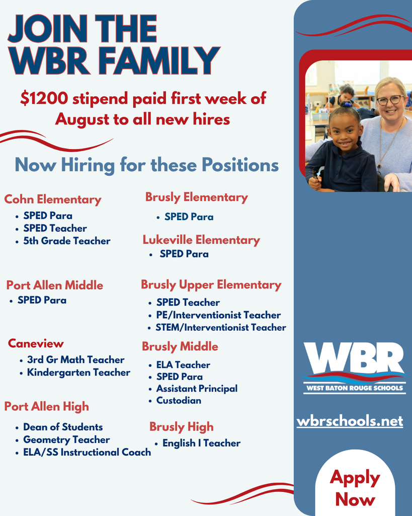 An advertisement poster for school job openings at WBR Family schools. It lists various positions and mentions a $1200 stipend for new hires.