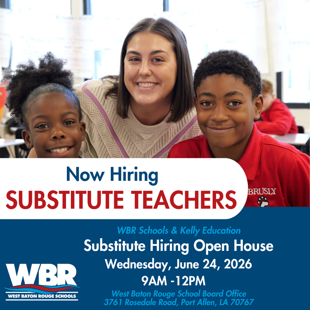 A woman and two children smile for a camera with text "Now Hiring Substitute Teachers" and "Substitute Hiring Open House" in the foreground.