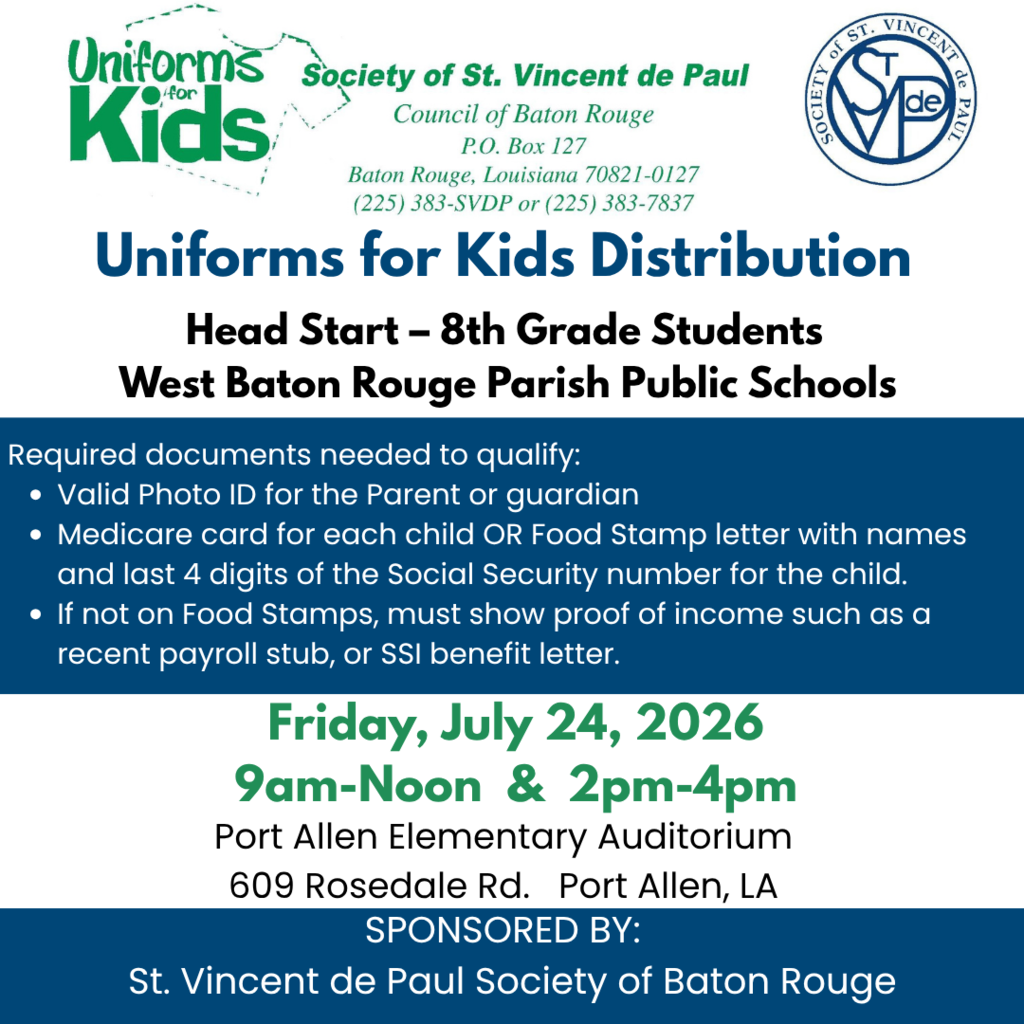 Blue and black background with white text. Logos for Uniforms for Kids and St. Vincent de Paul. Required documents include ID and Social Security numbers.