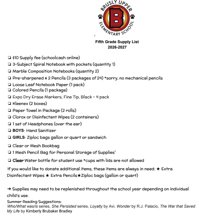 26 5th grade supply list