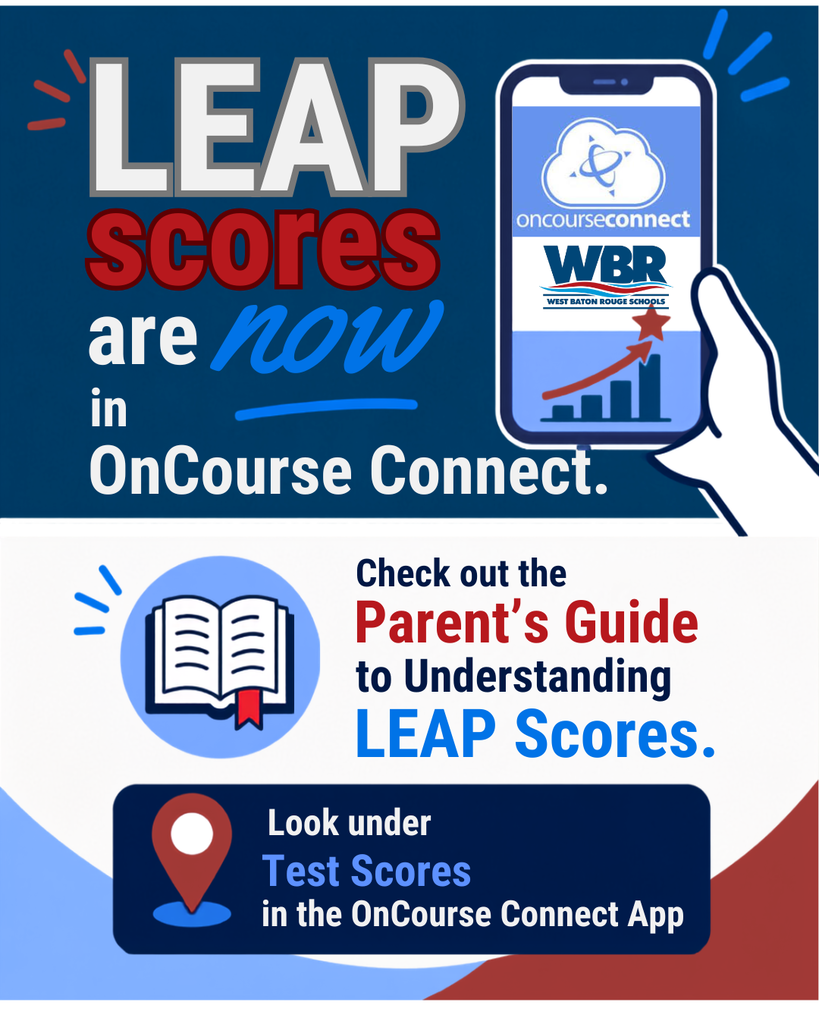 An advertisement shows a smartphone displaying "LEAP scores are now in OnCourse Connect." An open book icon with a red bookmark is on the left.