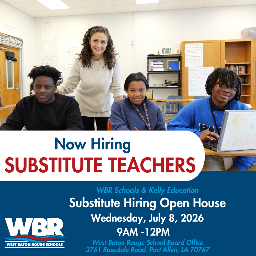 An advertisement displays a woman and four students in a classroom. The ad says, "Now Hiring SUBSTITUTE TEACHERS."