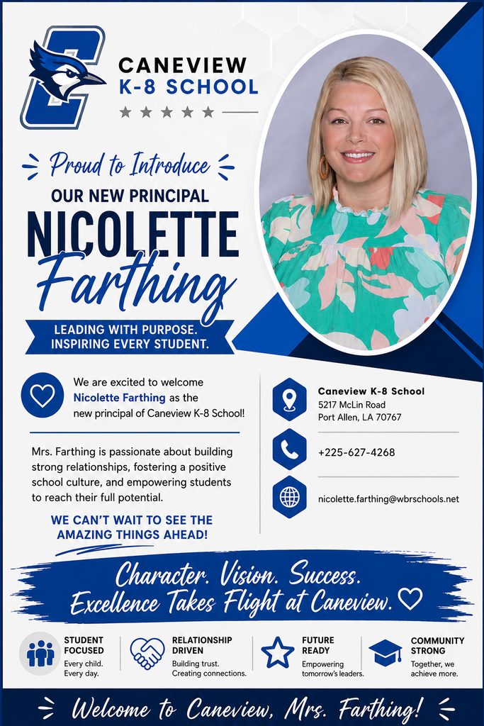 An announcement for Nicolette Farthing, new principal at Caneview K-8 School. Blue background with text and a smiling woman.