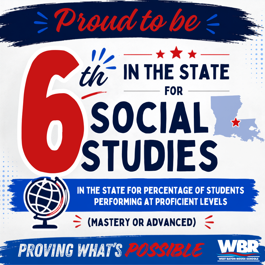 A poster with red, white, and blue colors. Text reads "Proud to be 6th in the state for social studies".