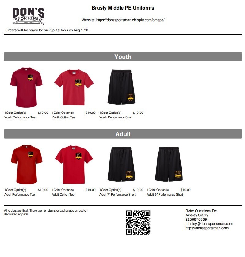 P.E. Uniforms order from Don's webstore.