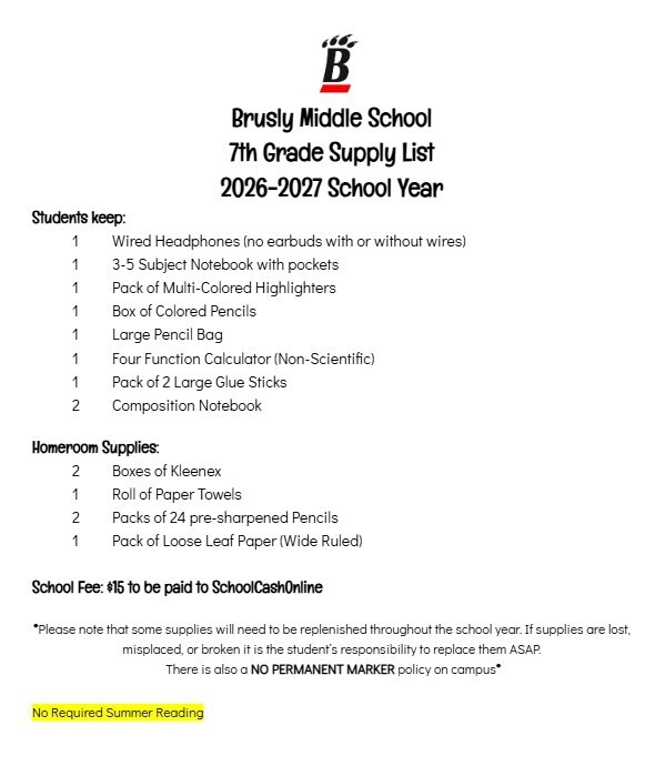 7th grade supply list