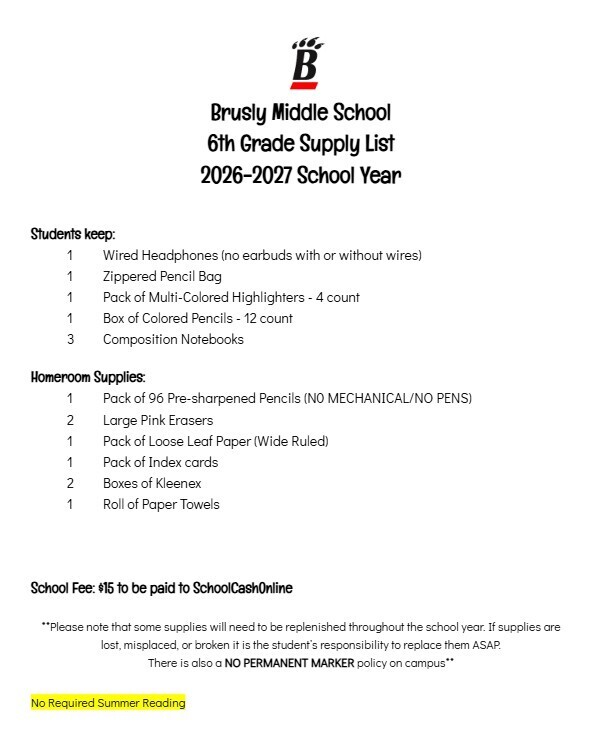 6th grade supply list