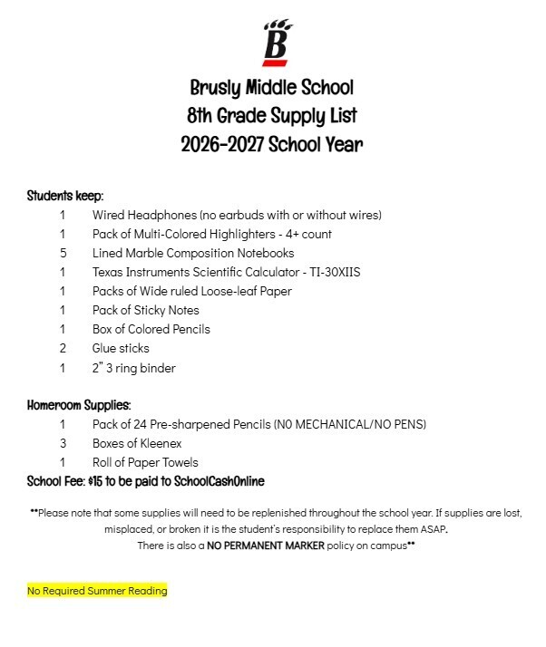 8th grade supply list