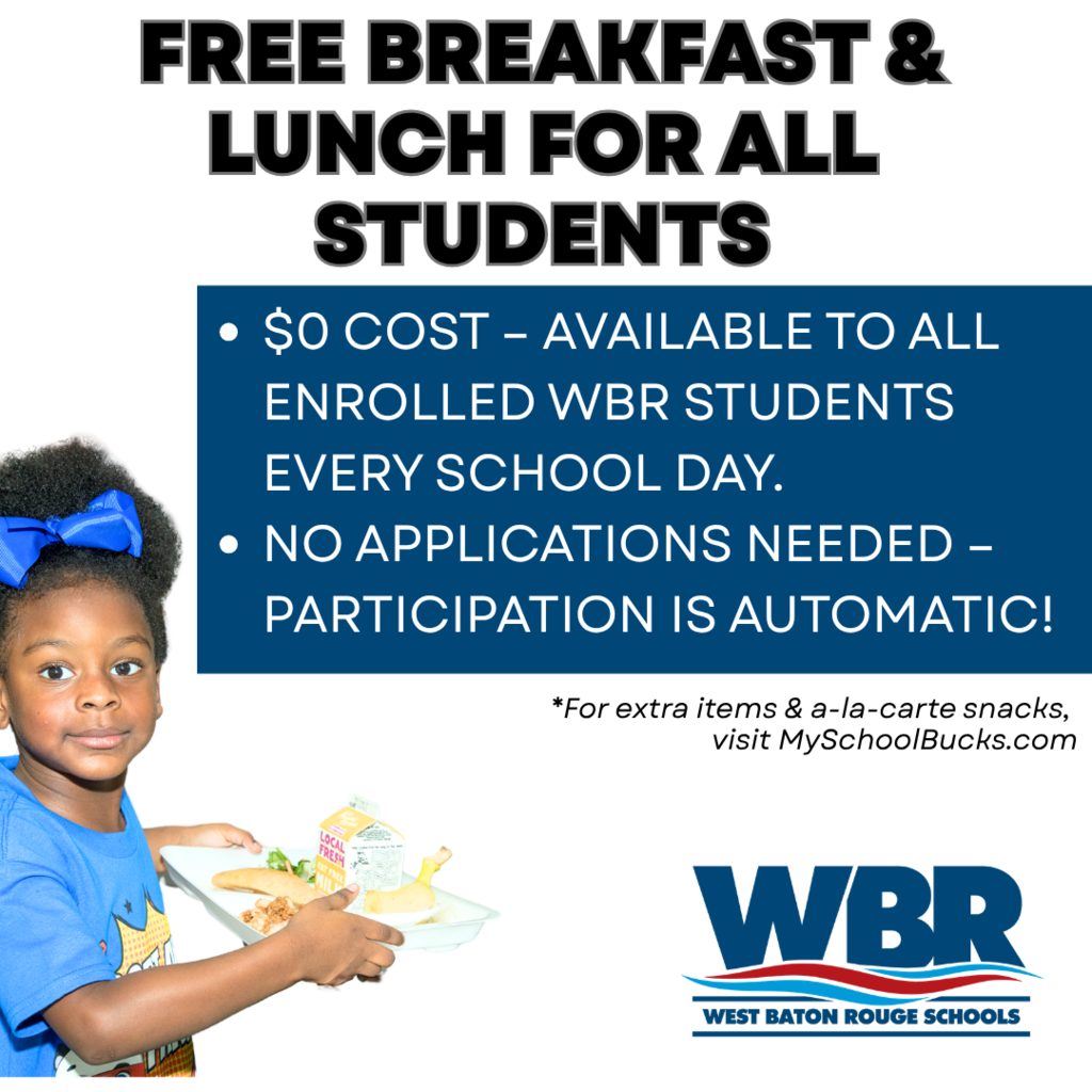 An advertisement showing a smiling child with a blue bow holding food. Text reads "Free Breakfast & Lunch for All Students."