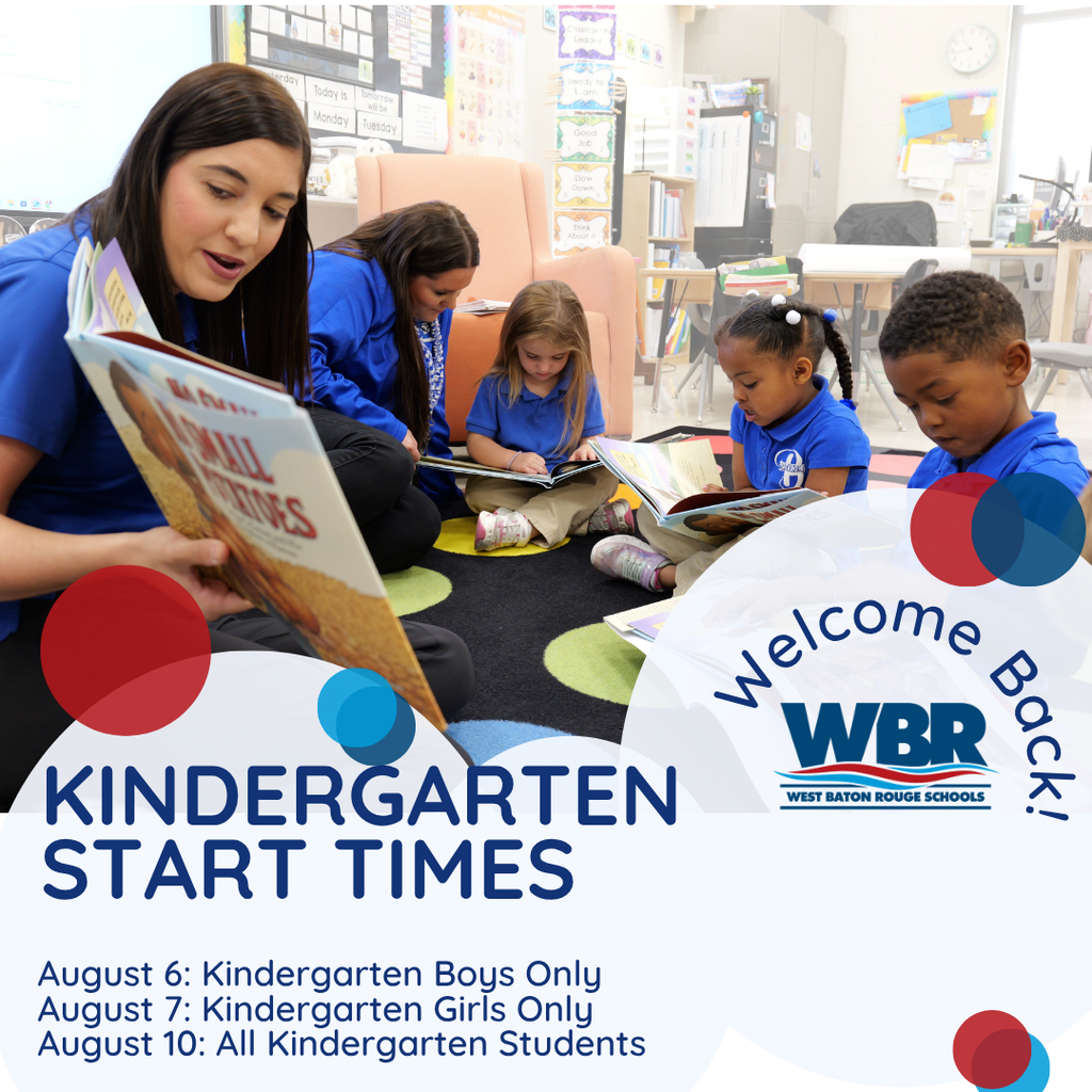 Woman reading book to children sitting in circle in classroom. Text reads: "Kindergarten Start Times" and "Welcome Back!"