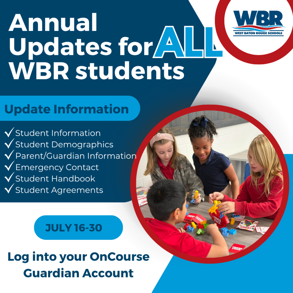 Blue and black background with text. Four children interact with toys in a circle. Text reads "Annual Updates for ALL WBR students."