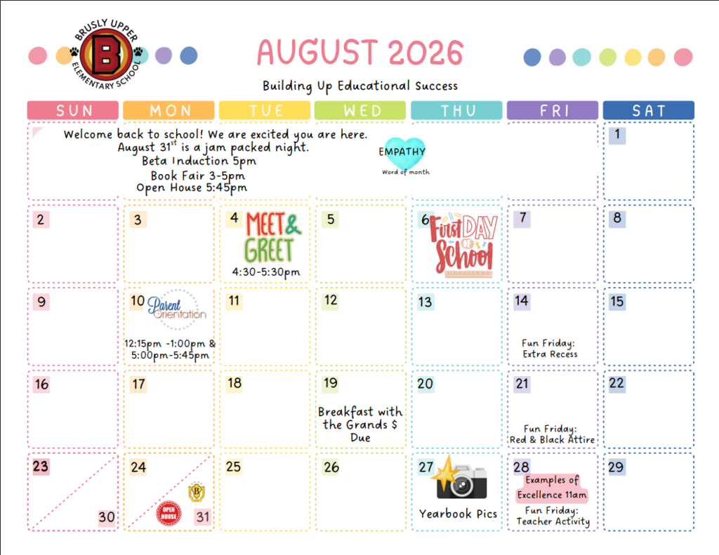BUES August 2026 Calendar