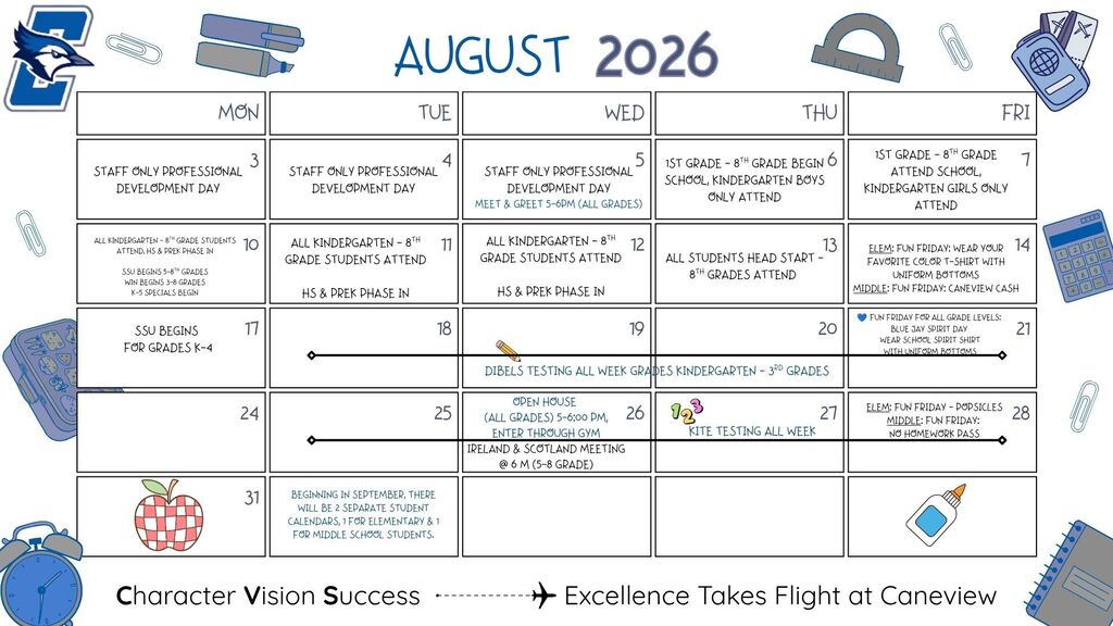 August Student Calendar