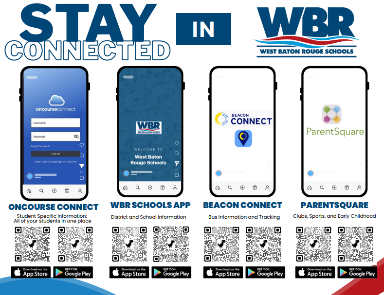 An advertisement displays four smartphone screens showing various app icons. Logos include WBR, Beacon Connect, ParentSquare, and OnCourse Connect.