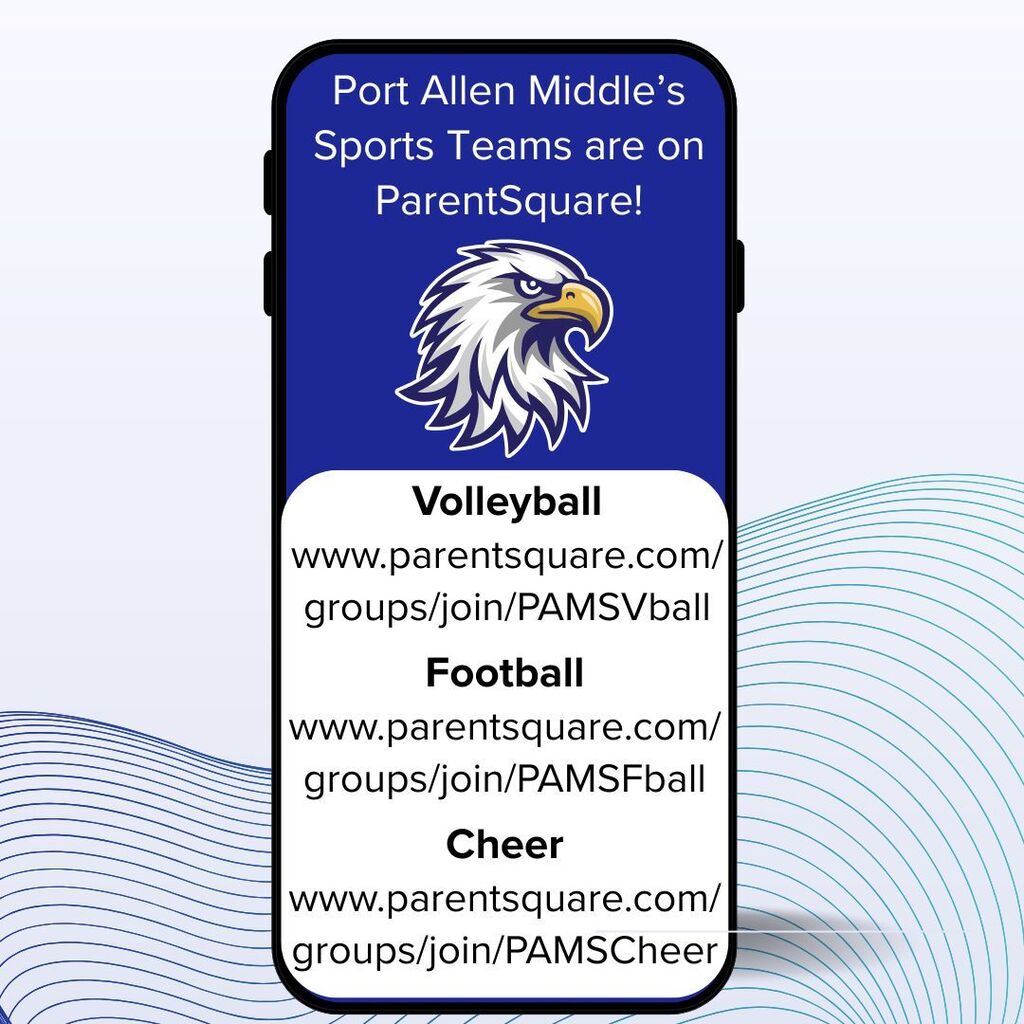 A blue and white smartphone screen displaying a blue banner with a white eagle and text about sports teams on ParentSquare.