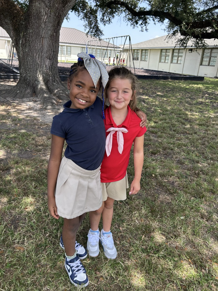 Two girls, one in a blue shirt and one in a red shirt, standing in a grassy area.