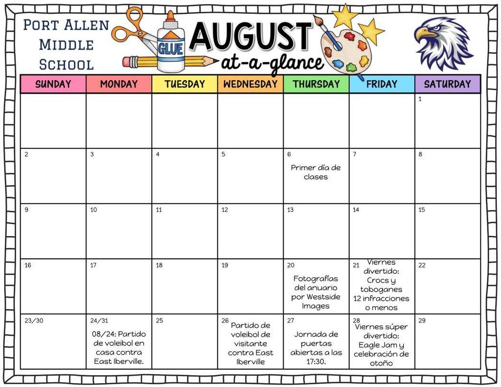 A monthly planner for August, featuring days of the week and a grid layout. It includes a blue eagle and stars.